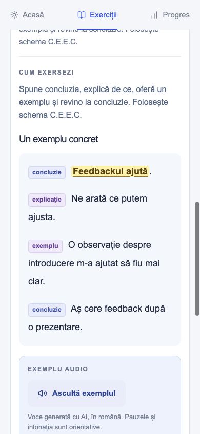 Captură reală Clar: un răspuns structurat, cu indicații și cuvinte evidențiate.